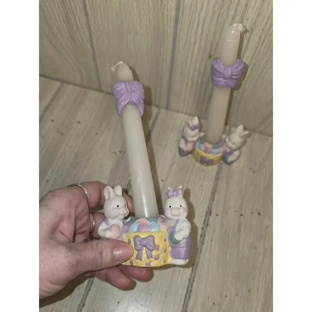 Vtg Hermitage Pottery Easter Candle Holders Bunny Rabbits Easter Basket Set Of 2